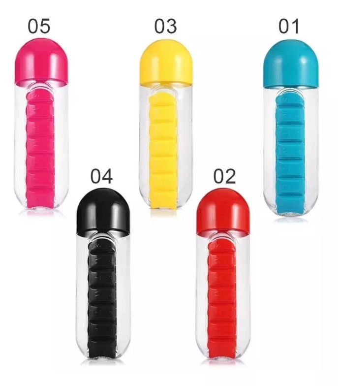 Botella Agua Pastillero Diario Organizador Pastillas 600 Ml