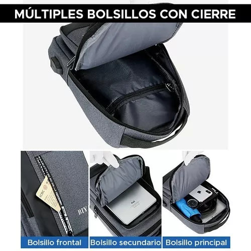 Mochila Bandolera Color Negro Moderna Puerto USB