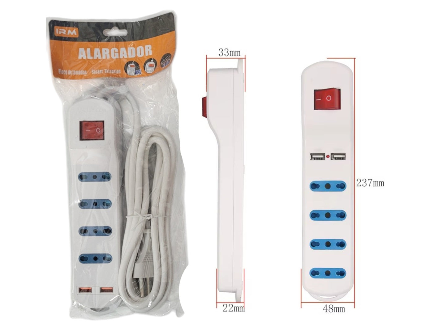 Extensor Zapatilla Alargador 4 tomas 2 Puertos USB 2500W IRM