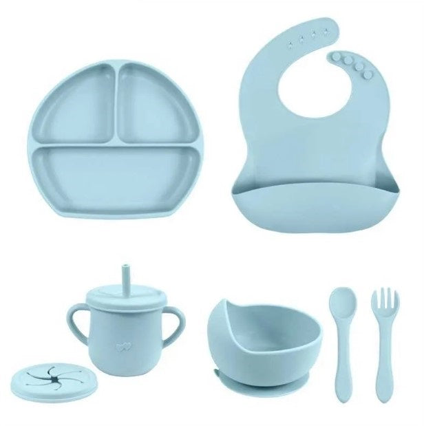 Set Comida Bebé Silicona Babero Tenedor Cuchara Vaso 6 Piezas