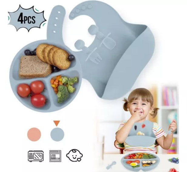 Set Comida Bebé Silicona Babero Tenedor Cuchara Vaso 6 Piezas