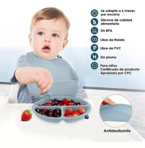 Set Comida Bebé Silicona Babero Tenedor Cuchara Vaso 6 Piezas