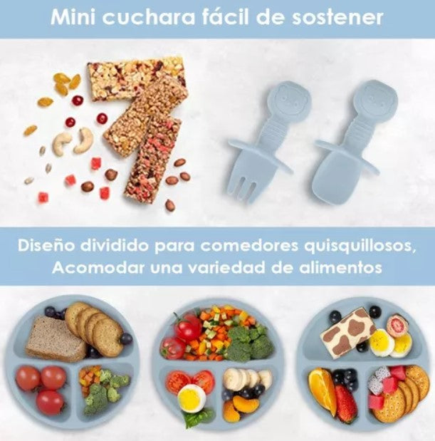 Set Comida Bebé Silicona Babero Tenedor Cuchara Vaso 6 Piezas