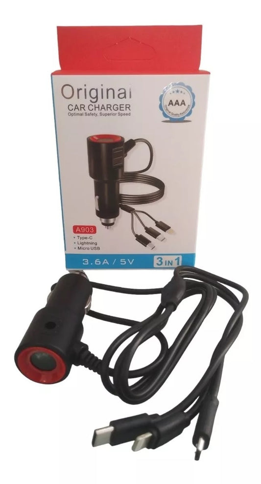 Cargador Auto Cable Triple Micro USB Tipo C Lightning 3 en 1