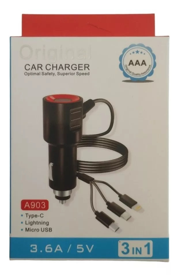 Cargador Auto Cable Triple Micro USB Tipo C Lightning 3 en 1