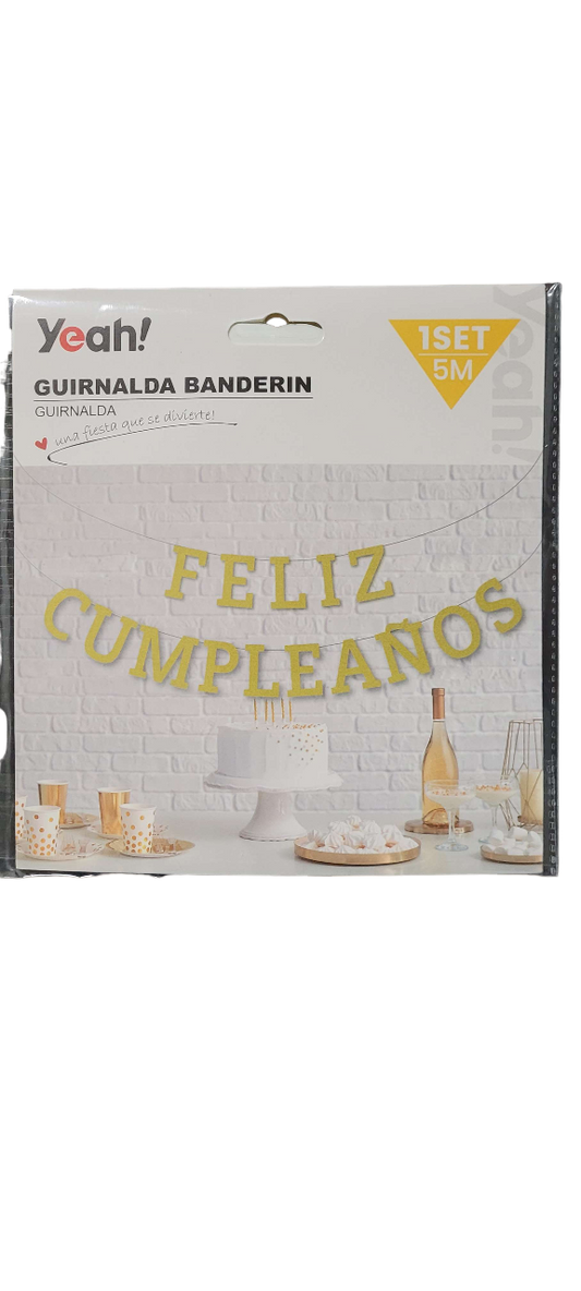 Guirnalda Letra Feliz Cumpleaños Dorado Brilla Fiesta 5 Mts.