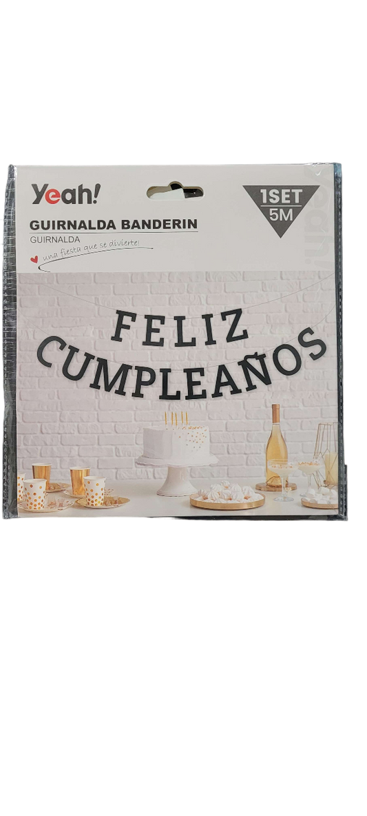 Guirnalda Letra Feliz Cumpleaños Negro Brilla Fiesta 5 Mts.