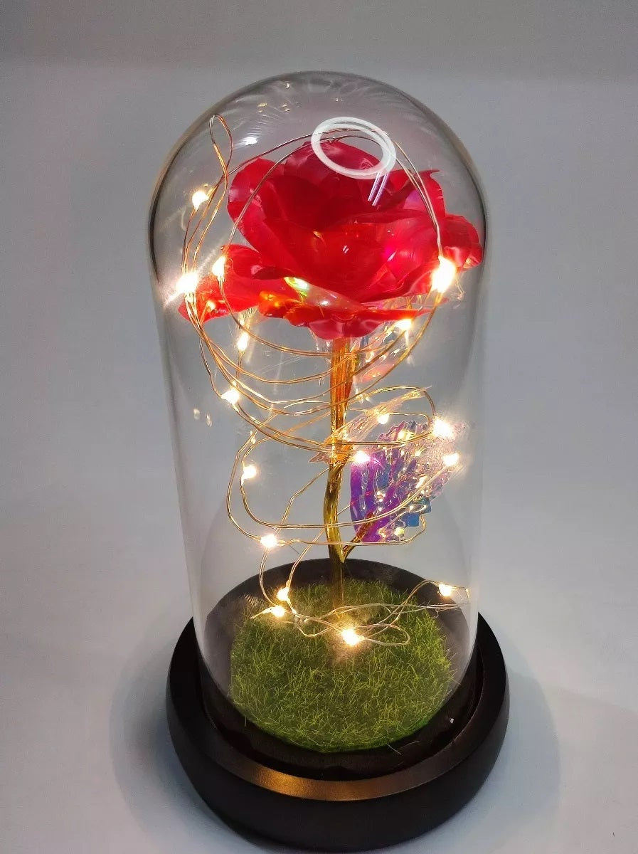 Rosa Eterna Roja Cupula Vidrio Lampara Led Base Madera