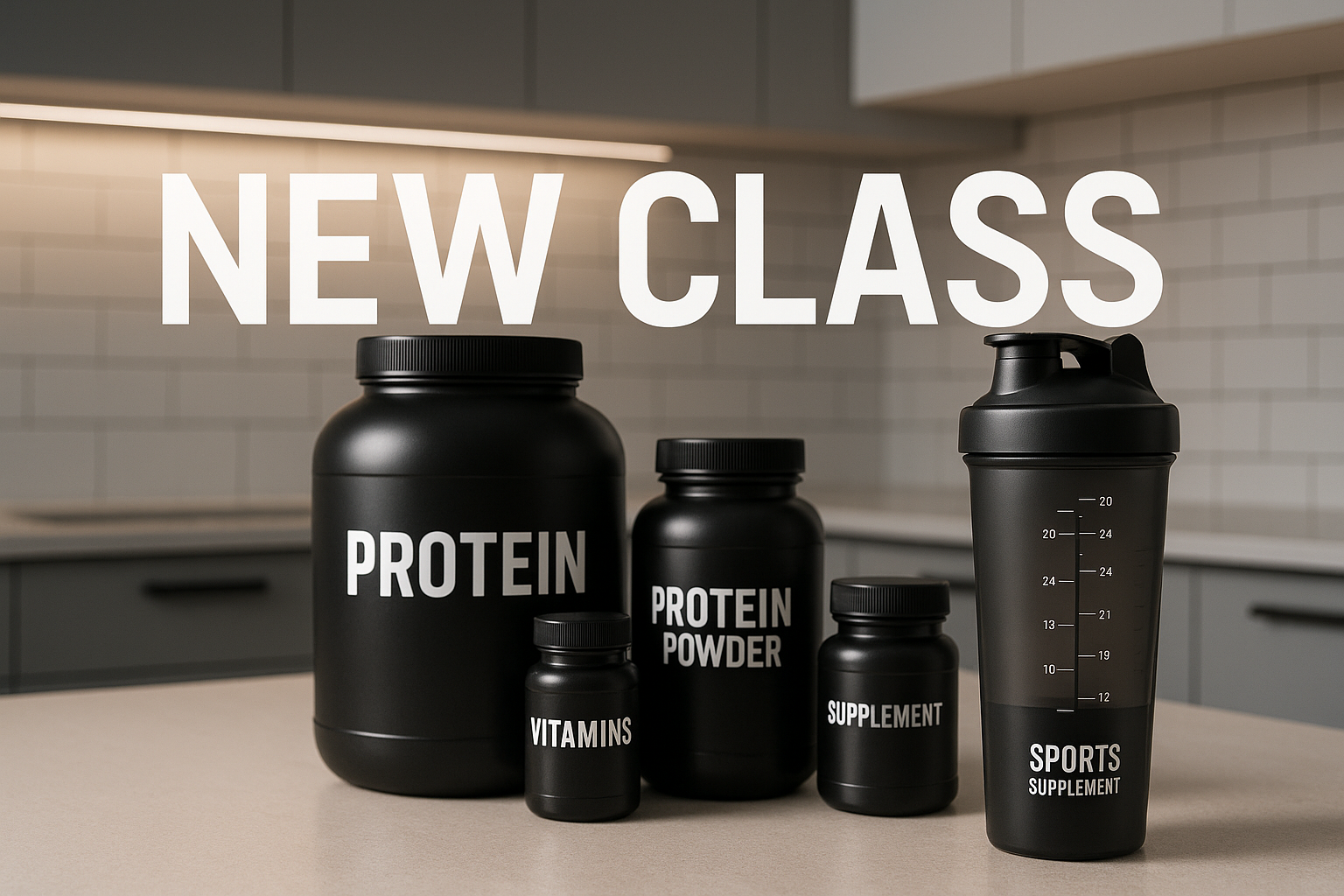 Sports supplements, a kitchen with a sports shaker. With a new-class text.