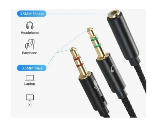 Adaptador Audio Micrófono 2 Aux Macho A 1 Aux Hembra 3.5mm