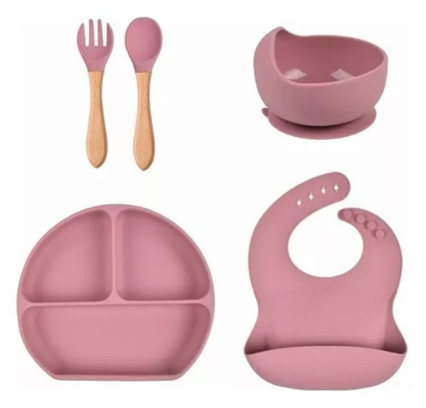 Set Comida Bebé Silicona Babero Tenedor Cuchara Vaso 6 Piezas