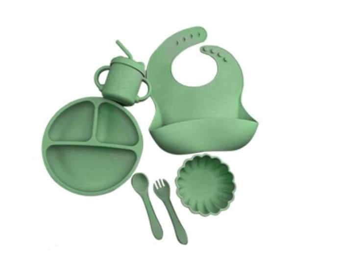 Set Comida Bebé Silicona Babero Tenedor Cuchara Vaso 6 Piezas