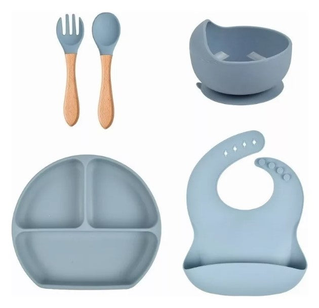 Set Comida Bebé Silicona Babero Tenedor Cuchara Vaso 6 Piezas