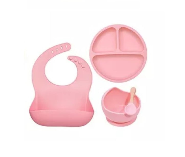 Set Comida Bebé Silicona Babero Tenedor Cuchara Vaso 6 Piezas